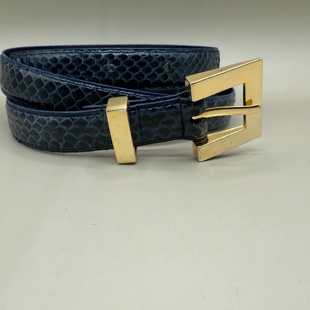 Vintage SHEKA by Faco Blue Genuine Snakeskin Belt Gold Buckle Made in Taiwan‎ 2X